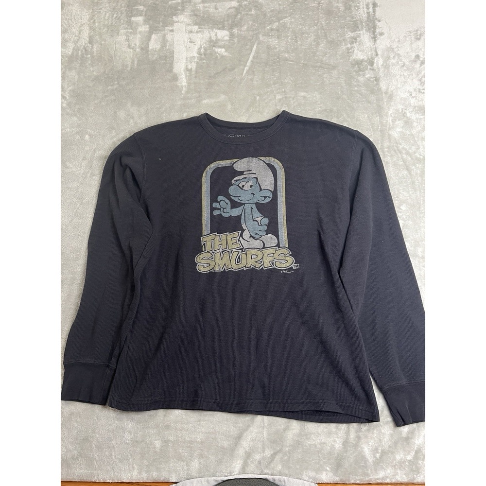 Smurfs Mens Shirt XL Black Thermal Long Sleeve Graphic Waffle Knit Cartoon Tee